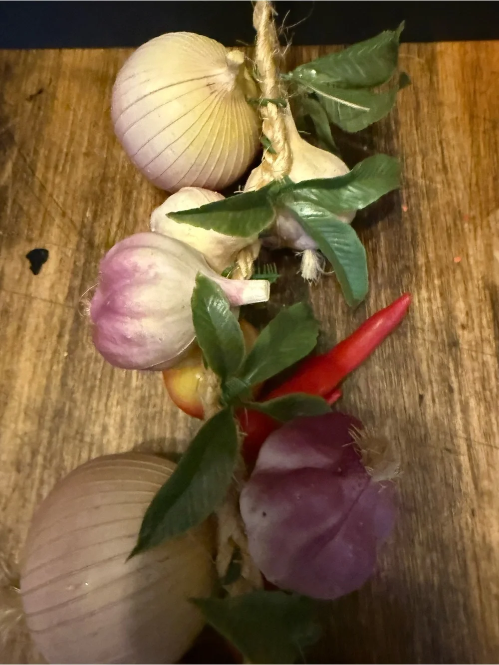 Vintage Funky 70'S Plastic Vegetable Hanging Decor Onions, Garlic, Peppers 21”